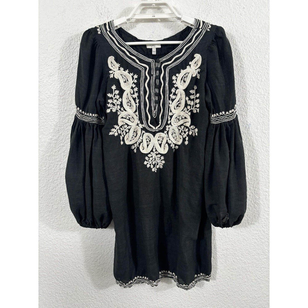 Joie Tunic Blouse Womens Small Black Embroidered Boho Peasant 100%โ Silk Top